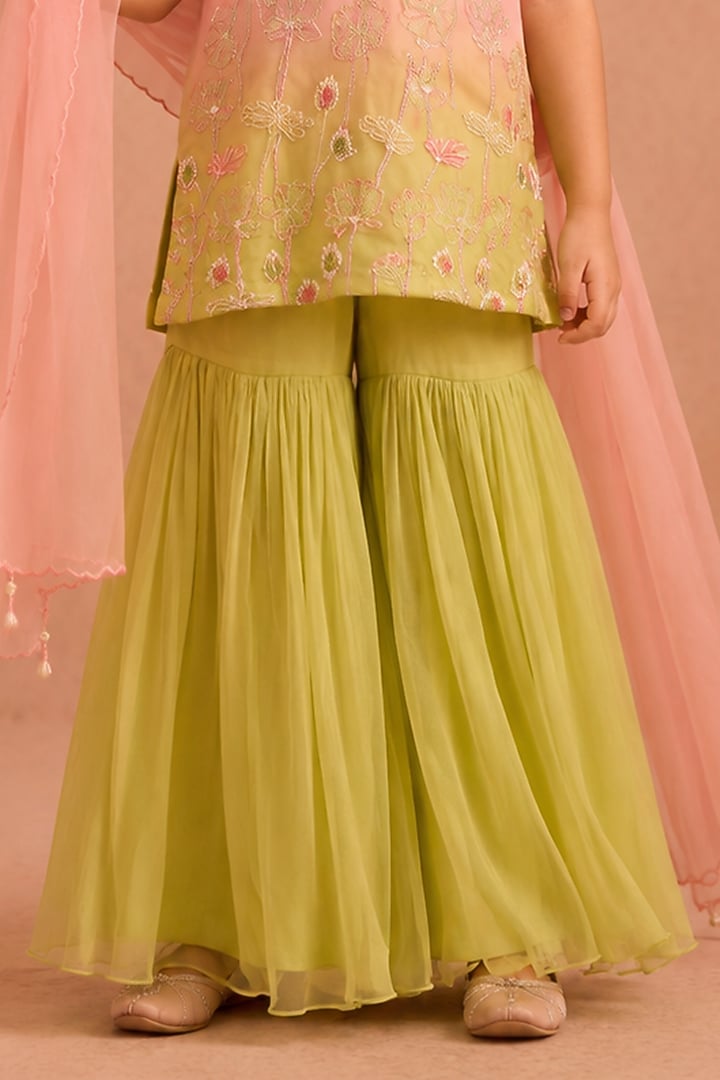 Mint & Pink Ombre Shimmer Chiffon Hand Embroidered Gharara Set For Girls by Tarini Vij Kids at Pernia's Pop Up Shop