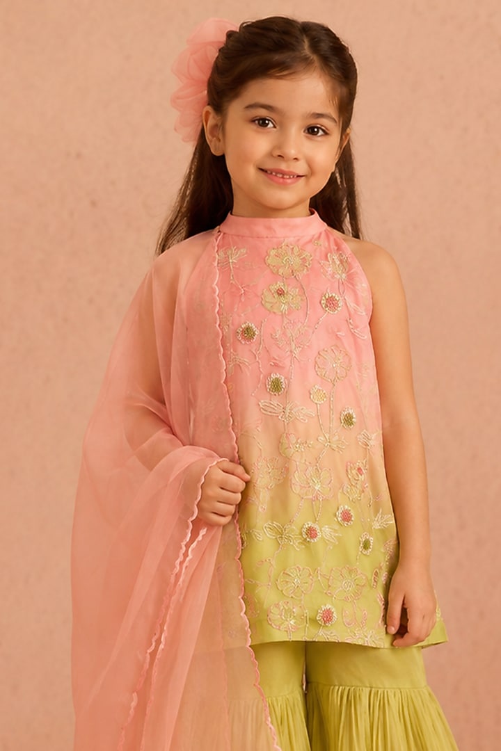 Mint & Pink Ombre Shimmer Chiffon Hand Embroidered Gharara Set For Girls by Tarini Vij Kids at Pernia's Pop Up Shop