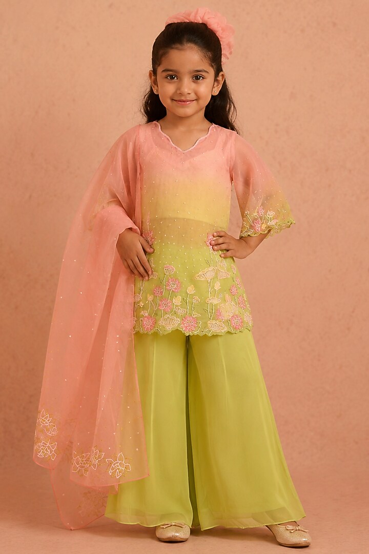 Mint & Pink Georgette Floral Motifs Embroidered Sharara Set For Girls by Tarini Vij Kids at Pernia's Pop Up Shop