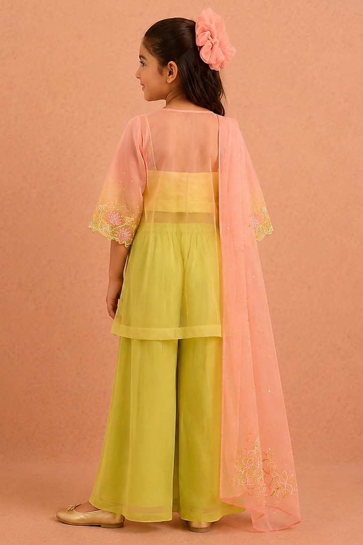 Mint & Pink Georgette Floral Motifs Embroidered Sharara Set For Girls by Tarini Vij Kids at Pernia's Pop Up Shop