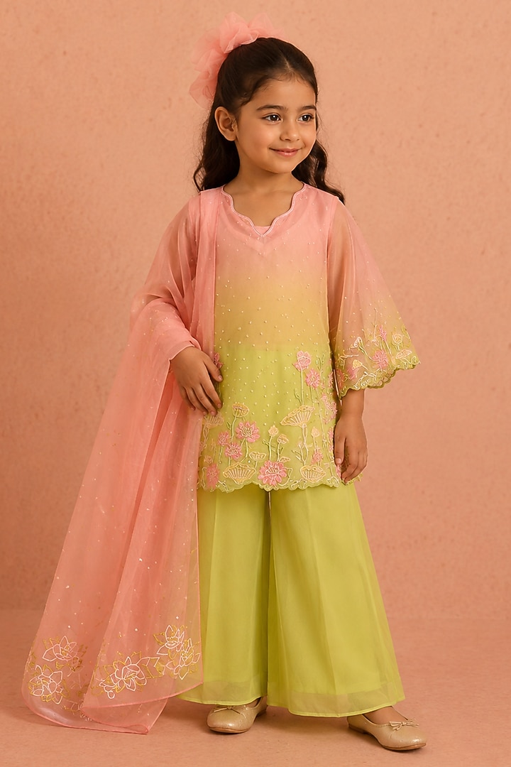 Mint & Pink Georgette Floral Motifs Embroidered Sharara Set For Girls by Tarini Vij Kids at Pernia's Pop Up Shop