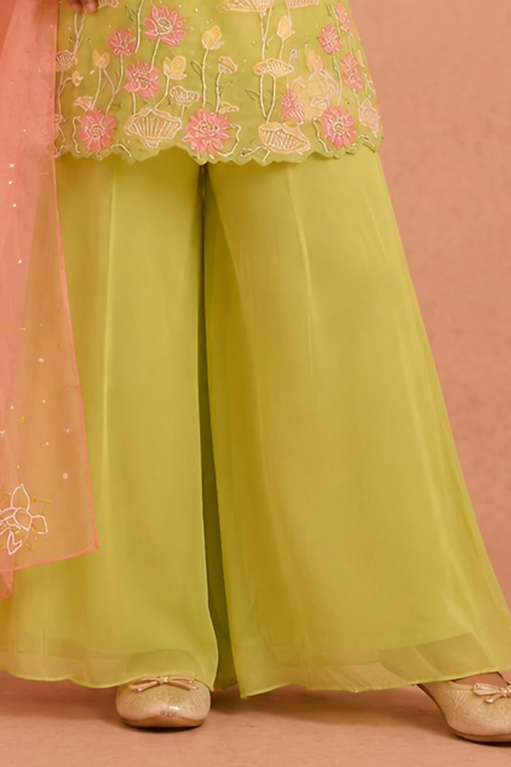 Mint & Pink Georgette Floral Motifs Embroidered Sharara Set For Girls by Tarini Vij Kids at Pernia's Pop Up Shop