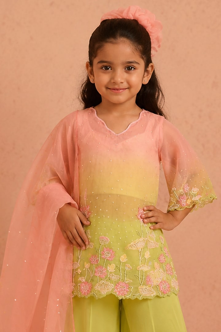 Mint & Pink Georgette Floral Motifs Embroidered Sharara Set For Girls by Tarini Vij Kids at Pernia's Pop Up Shop