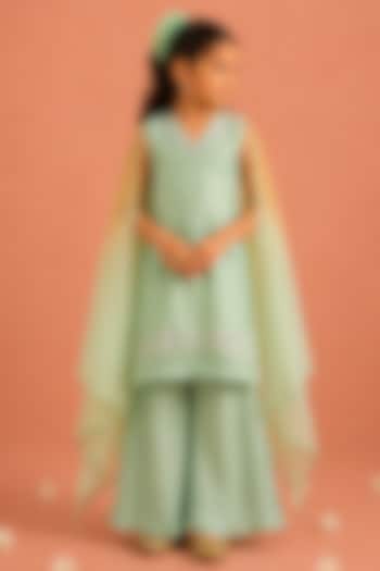 Turquoise Crepe Floral Embroidered Gharara Set For Girls by Tarini Vij Kids at Pernia's Pop Up Shop