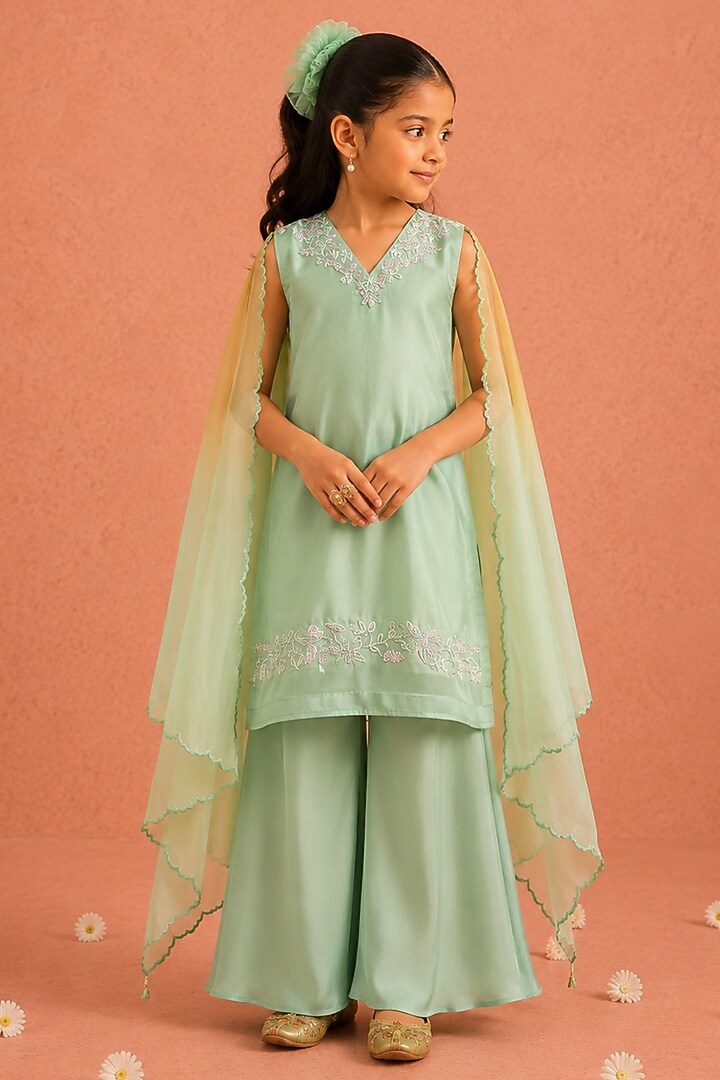 Turquoise Crepe Floral Embroidered Gharara Set For Girls by Tarini Vij Kids at Pernia's Pop Up Shop