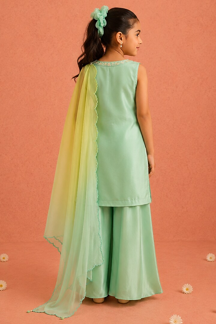 Turquoise Crepe Floral Embroidered Gharara Set For Girls by Tarini Vij Kids at Pernia's Pop Up Shop