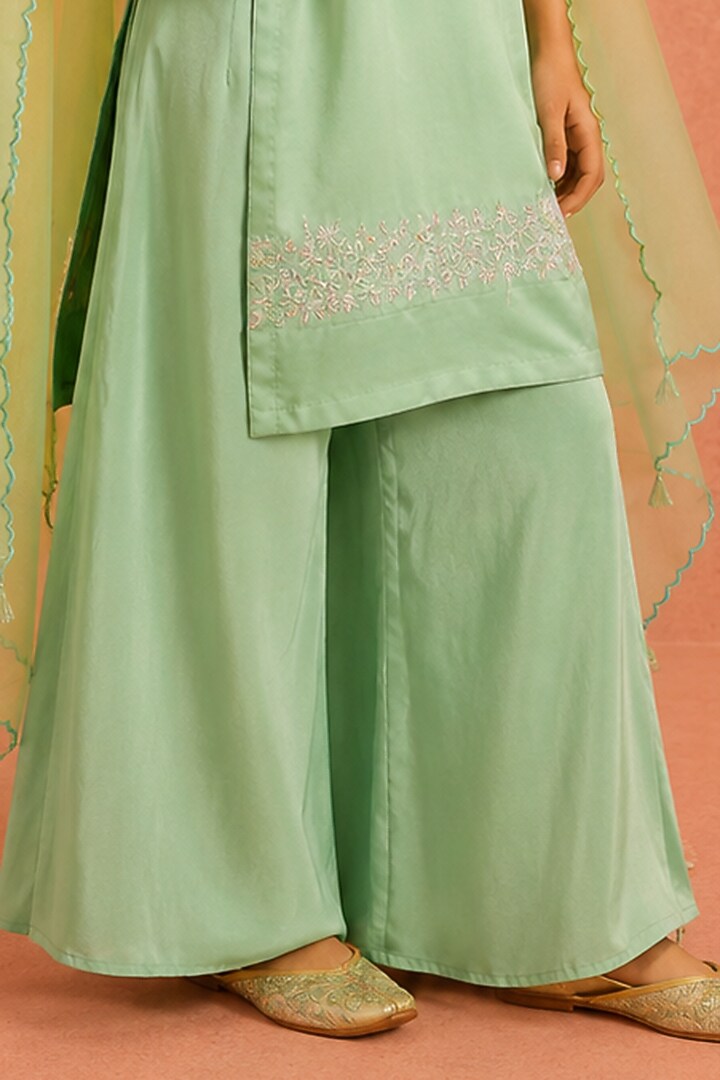 Turquoise Crepe Floral Embroidered Gharara Set For Girls by Tarini Vij Kids at Pernia's Pop Up Shop
