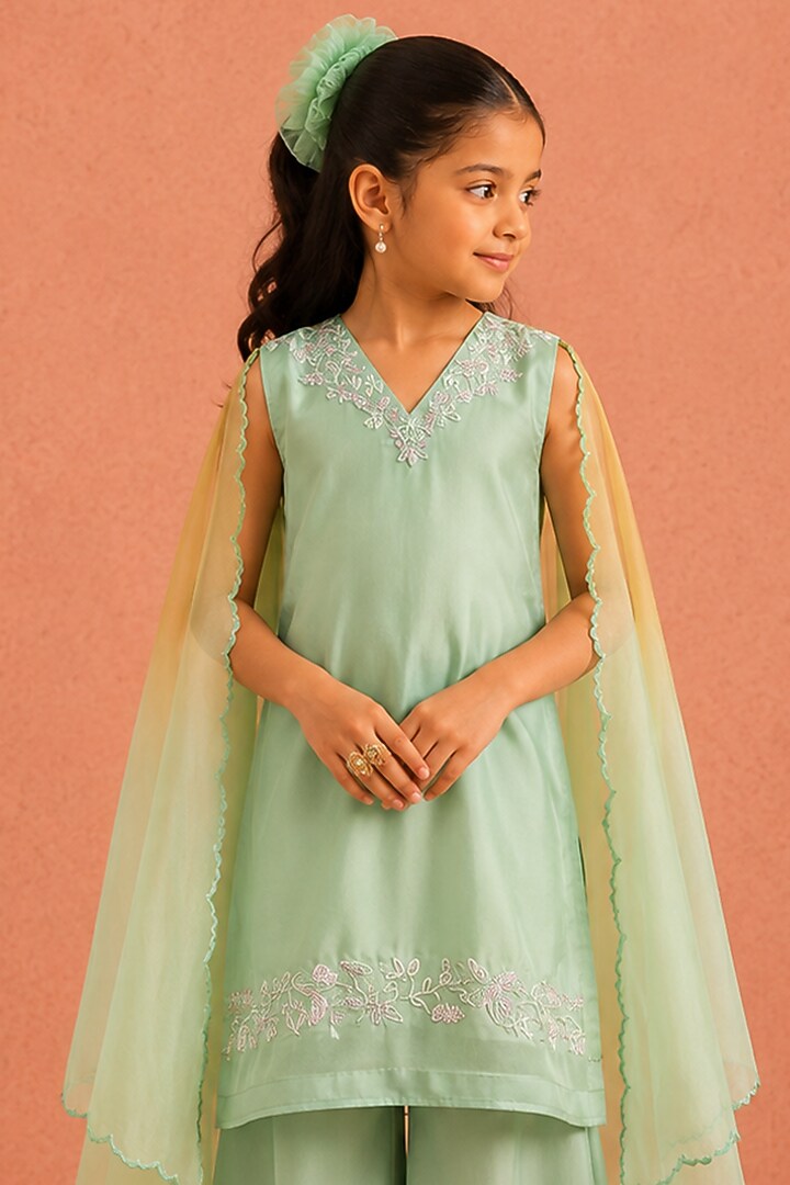Turquoise Crepe Floral Embroidered Gharara Set For Girls by Tarini Vij Kids at Pernia's Pop Up Shop