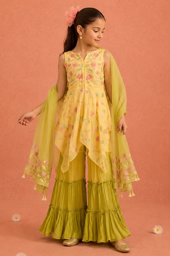Yellow & Lime Green Georgette Floral Embroidered Sharara Set For Girls by Tarini Vij Kids at Pernia's Pop Up Shop