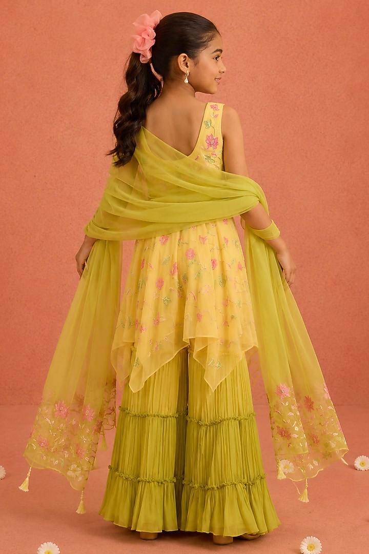 Yellow & Lime Green Georgette Floral Embroidered Sharara Set For Girls by Tarini Vij Kids at Pernia's Pop Up Shop