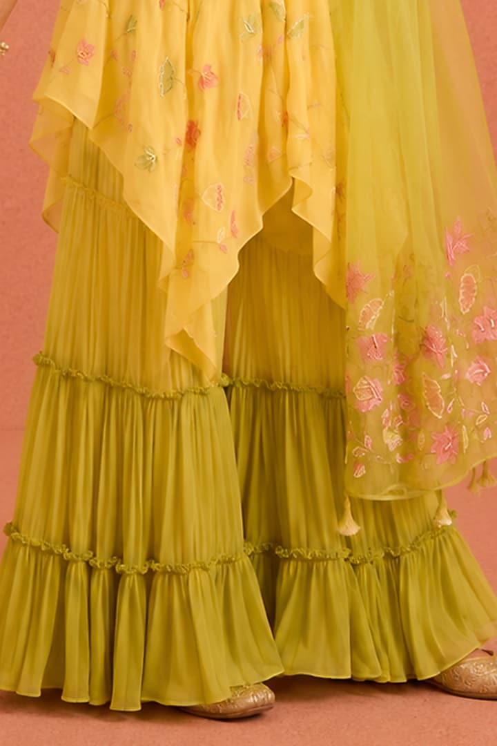 Yellow & Lime Green Georgette Floral Embroidered Sharara Set For Girls by Tarini Vij Kids at Pernia's Pop Up Shop