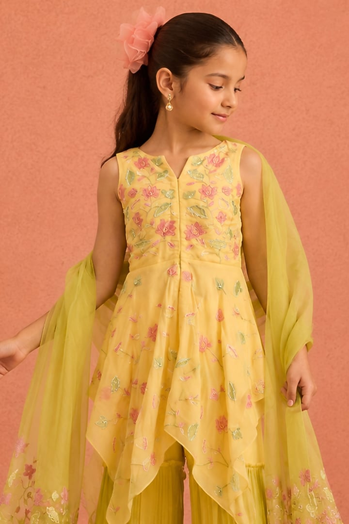Yellow & Lime Green Georgette Floral Embroidered Sharara Set For Girls by Tarini Vij Kids at Pernia's Pop Up Shop