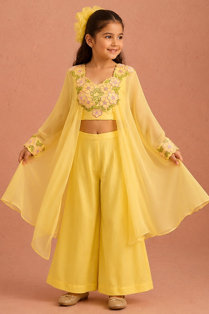 Yellow Chanderi Floral Embroidered Co-Ord Set For Girls by Tarini Vij Kids at Pernia's Pop Up Shop