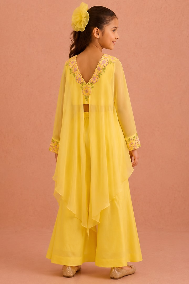 Yellow Chanderi Floral Embroidered Co-Ord Set For Girls by Tarini Vij Kids at Pernia's Pop Up Shop