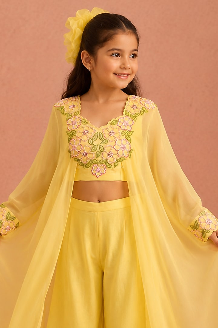 Yellow Chanderi Floral Embroidered Co-Ord Set For Girls by Tarini Vij Kids at Pernia's Pop Up Shop