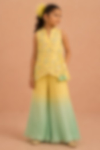 Yellow & Turquoise Ombre Shimmer Chiffon Palazzo Set For Girls by Tarini Vij Kids at Pernia's Pop Up Shop