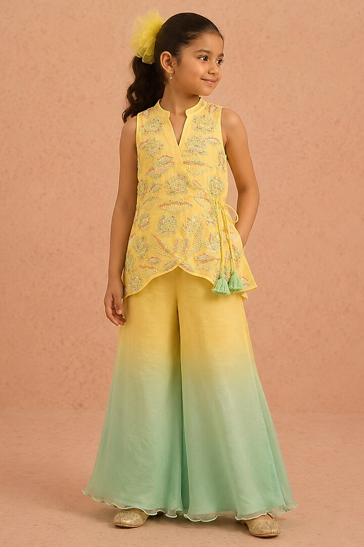 Yellow & Turquoise Ombre Shimmer Chiffon Palazzo Set For Girls by Tarini Vij Kids at Pernia's Pop Up Shop