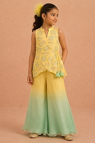 Yellow & Turquoise Ombre Shimmer Chiffon Palazzo Set For Girls by Tarini Vij Kids
