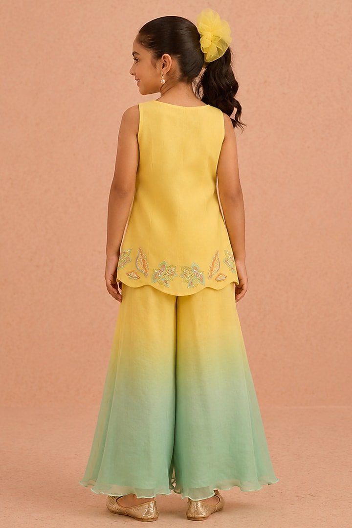 Yellow & Turquoise Ombre Shimmer Chiffon Palazzo Set For Girls by Tarini Vij Kids at Pernia's Pop Up Shop