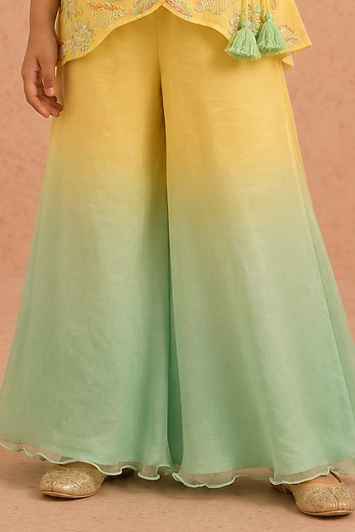 Yellow & Turquoise Ombre Shimmer Chiffon Palazzo Set For Girls by Tarini Vij Kids at Pernia's Pop Up Shop