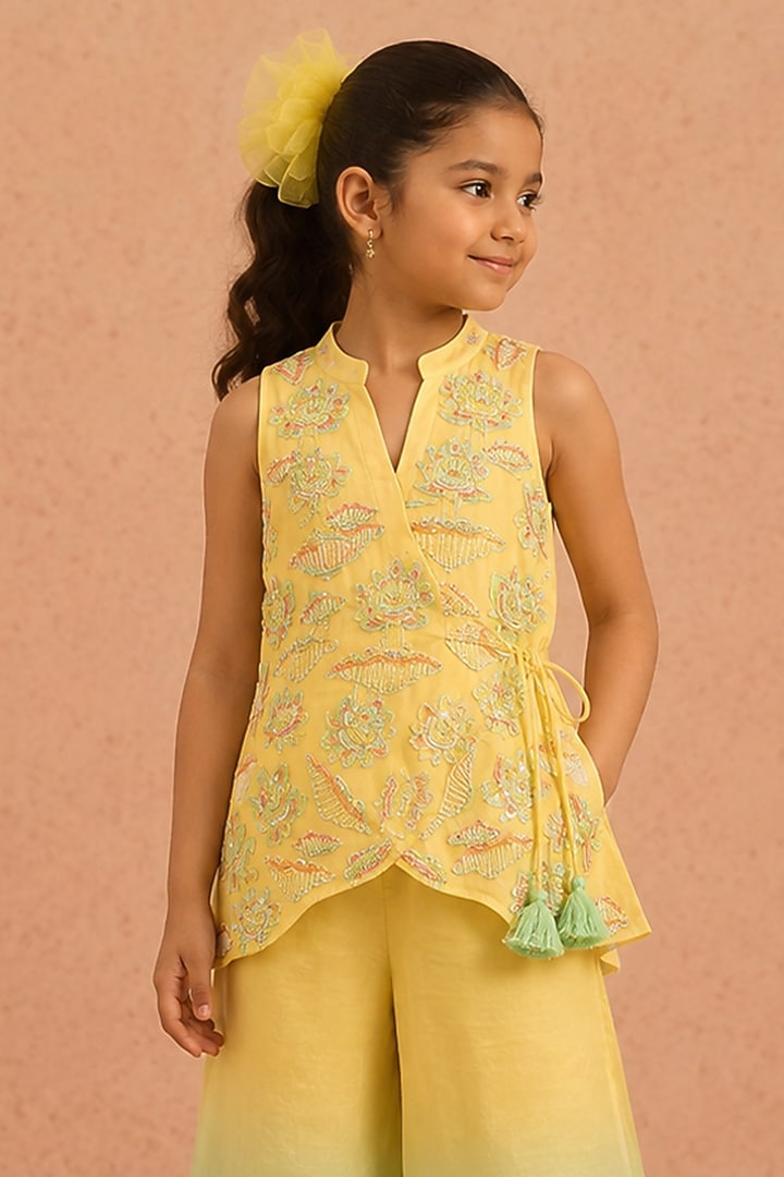 Yellow & Turquoise Ombre Shimmer Chiffon Palazzo Set For Girls by Tarini Vij Kids at Pernia's Pop Up Shop