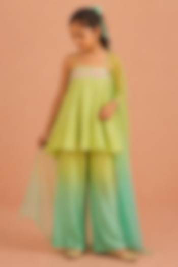 Lime Green & Aqua Ombre Chanderi Floral Embroidered Kurta Set by Tarini Vij Kids at Pernia's Pop Up Shop