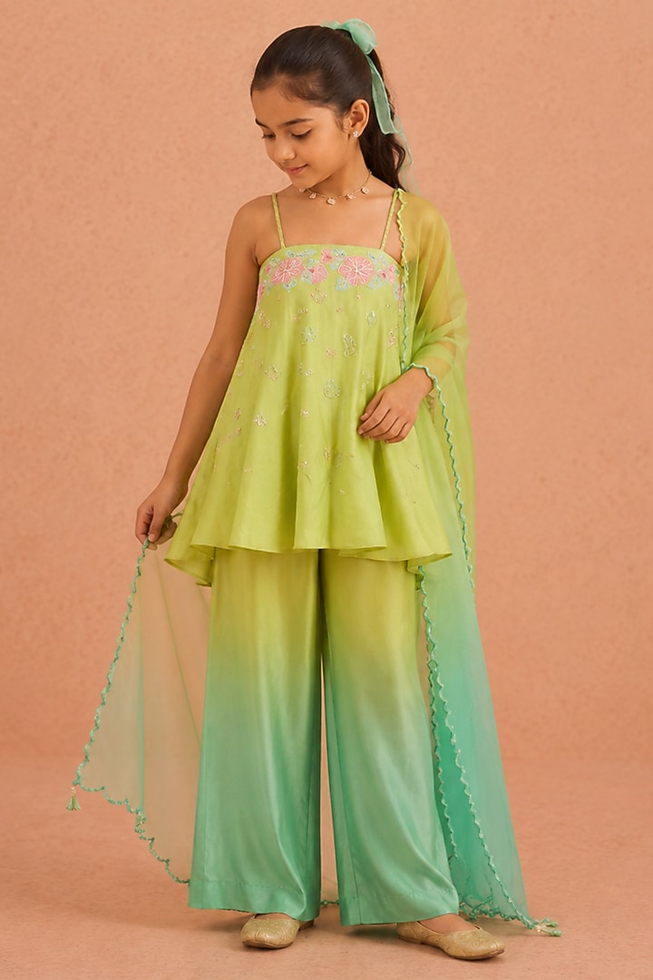 Lime Green & Aqua Ombre Chanderi Floral Embroidered Kurta Set by Tarini Vij Kids at Pernia's Pop Up Shop