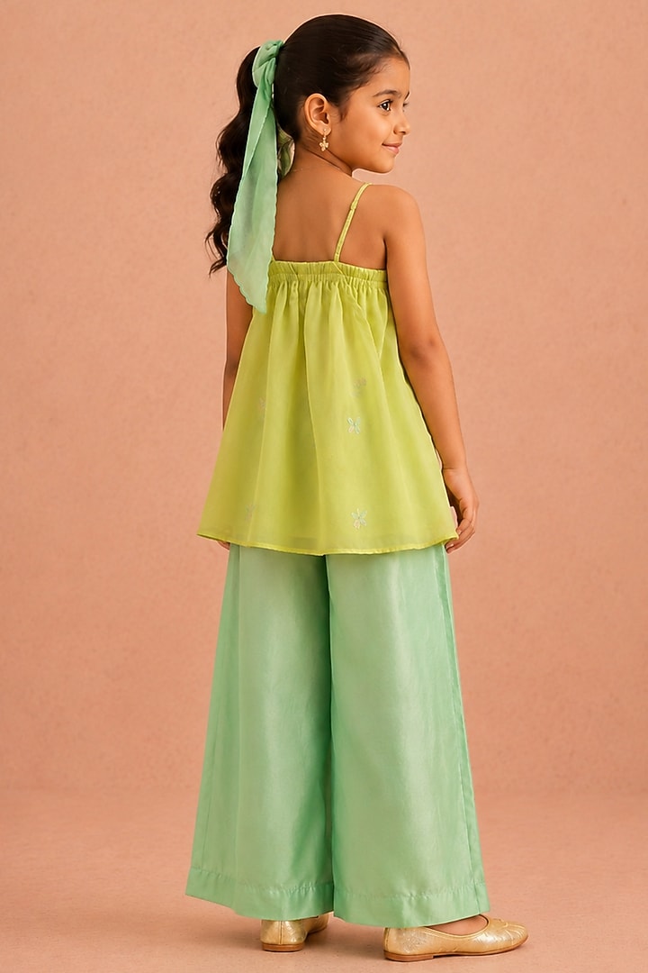 Lime Green & Aqua Ombre Chanderi Floral Embroidered Kurta Set by Tarini Vij Kids at Pernia's Pop Up Shop