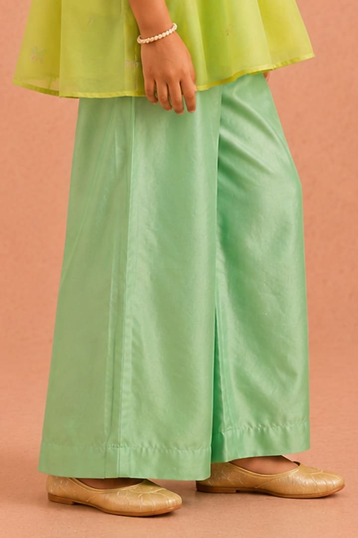 Lime Green & Aqua Ombre Chanderi Floral Embroidered Kurta Set by Tarini Vij Kids at Pernia's Pop Up Shop