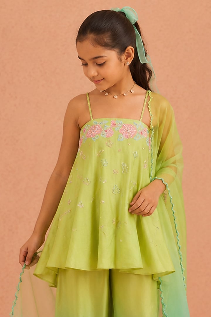 Lime Green & Aqua Ombre Chanderi Floral Embroidered Kurta Set by Tarini Vij Kids at Pernia's Pop Up Shop
