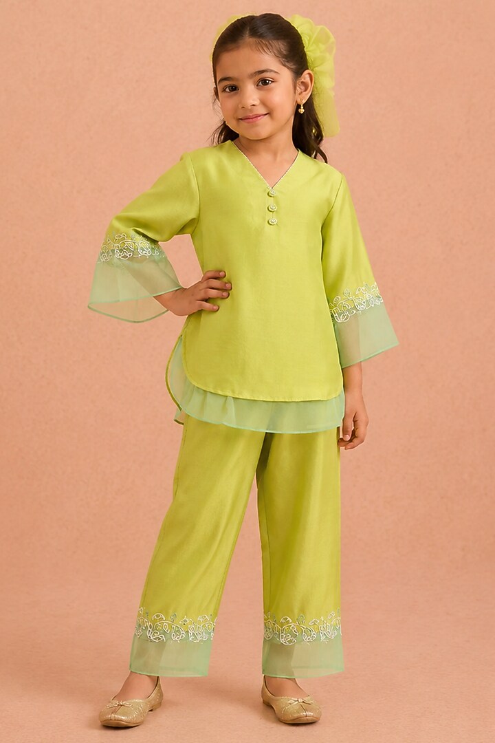 Mint & Turquoise Chanderi Floral Motifs Embroidered Co-Ord Set For Girls by Tarini Vij Kids at Pernia's Pop Up Shop