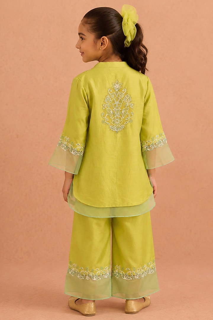 Mint & Turquoise Chanderi Floral Motifs Embroidered Co-Ord Set For Girls by Tarini Vij Kids at Pernia's Pop Up Shop