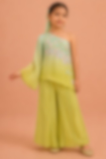 Mint & Turquoise Natural Crepe Floral Embroidered Co-Ord Set For Girls by Tarini Vij Kids at Pernia's Pop Up Shop