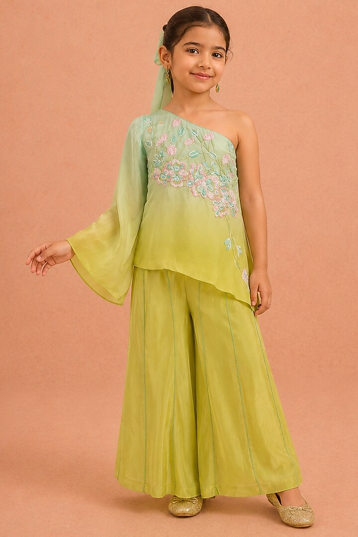 Mint & Turquoise Natural Crepe Floral Embroidered Co-Ord Set For Girls by Tarini Vij Kids at Pernia's Pop Up Shop