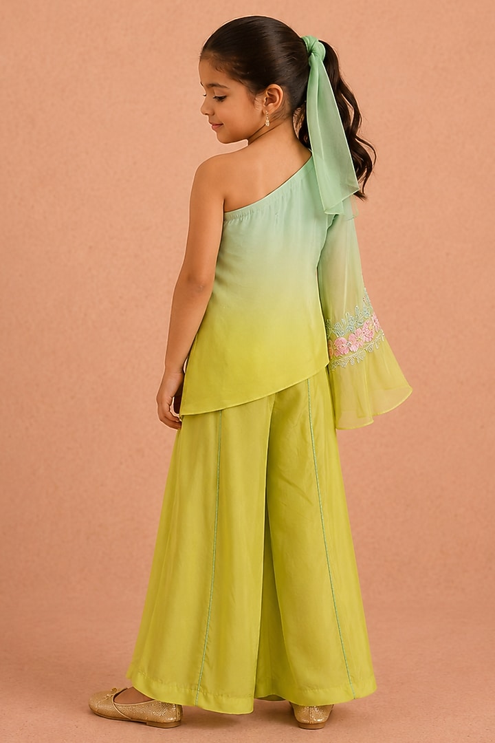 Mint & Turquoise Natural Crepe Floral Embroidered Co-Ord Set For Girls by Tarini Vij Kids at Pernia's Pop Up Shop