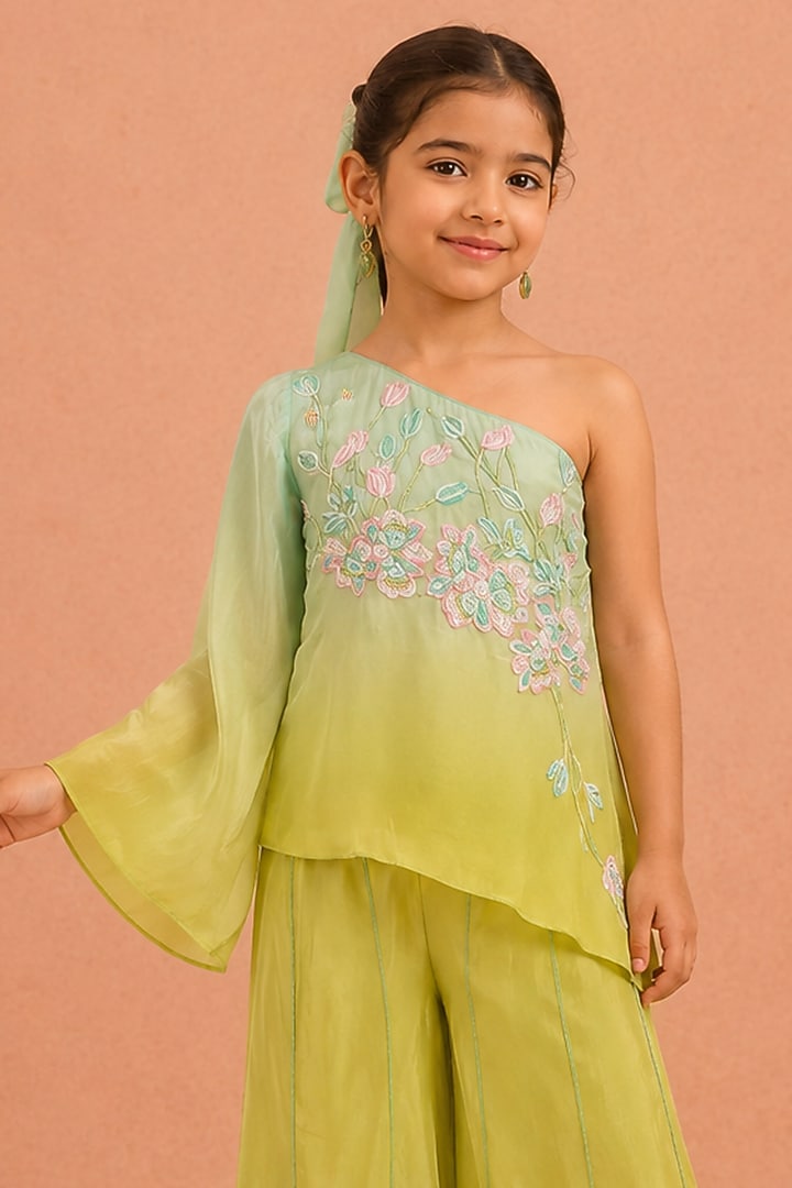 Mint & Turquoise Natural Crepe Floral Embroidered Co-Ord Set For Girls by Tarini Vij Kids at Pernia's Pop Up Shop
