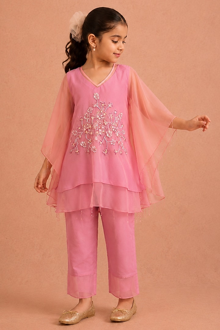 Rose Pink Organza Kurta Set For Girls by Tarini Vij Kids at Pernia's Pop Up Shop