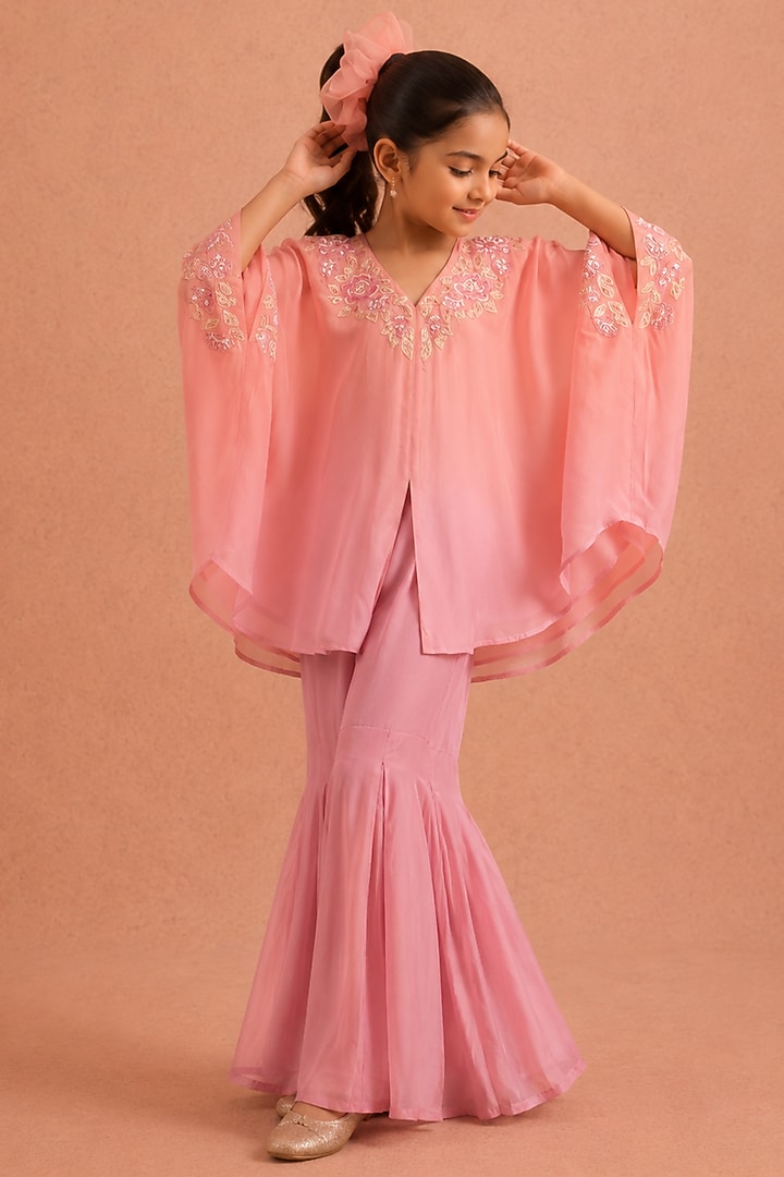 Blush Pink & Lilac Natural Crepe Floral Embroidered Gharara Set For Girls by Tarini Vij Kids at Pernia's Pop Up Shop