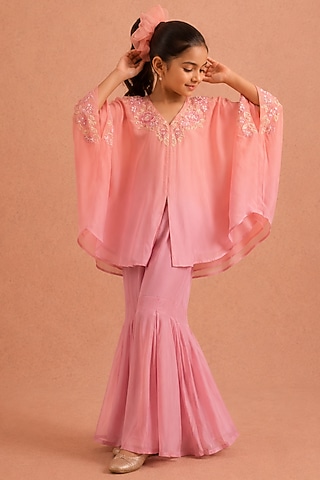 Blush Pink & Lilac Natural Crepe Floral Embroidered Gharara Set For Girls by Tarini Vij Kids