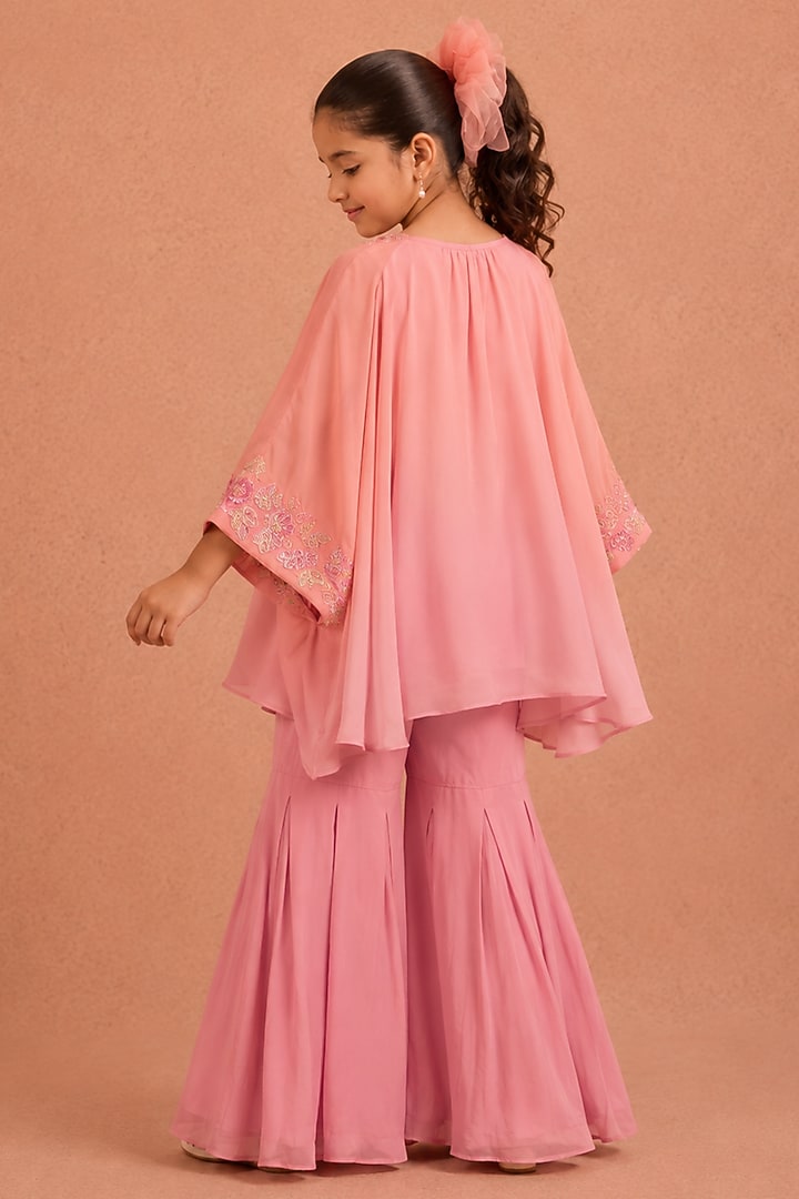 Blush Pink & Lilac Natural Crepe Floral Embroidered Gharara Set For Girls by Tarini Vij Kids at Pernia's Pop Up Shop