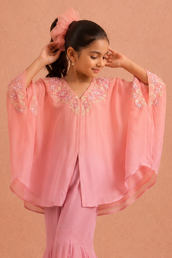 Blush Pink & Lilac Natural Crepe Floral Embroidered Gharara Set For Girls by Tarini Vij Kids at Pernia's Pop Up Shop