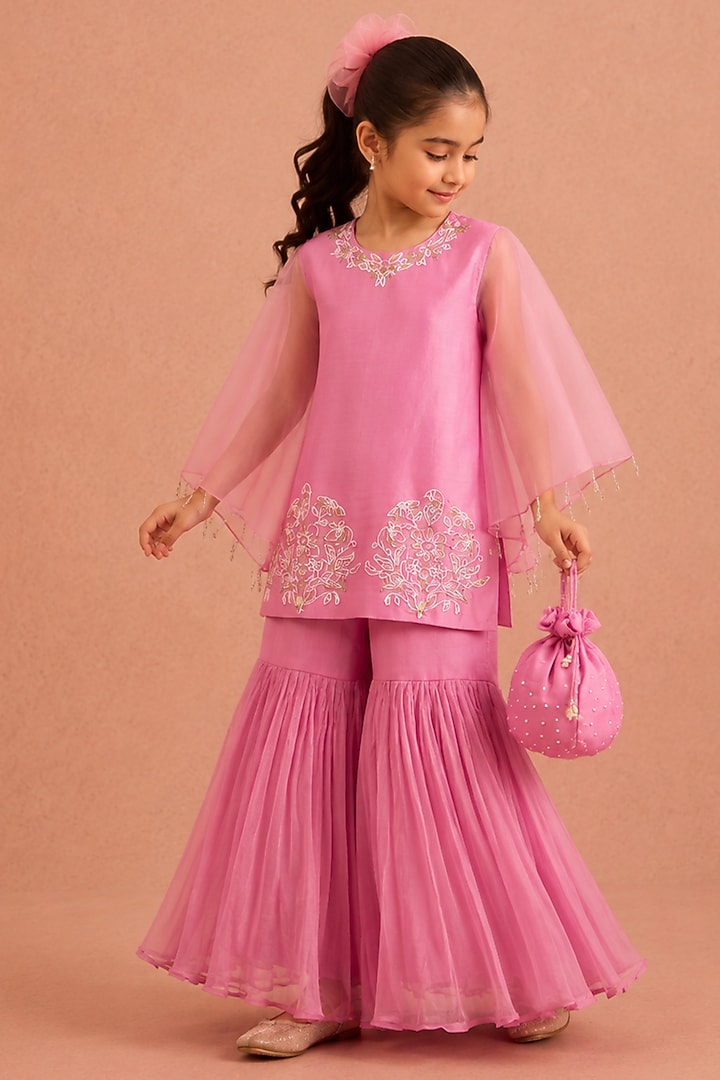 Lilac Chanderi Floral Embroidered Gharara Set For Girls by Tarini Vij Kids at Pernia's Pop Up Shop