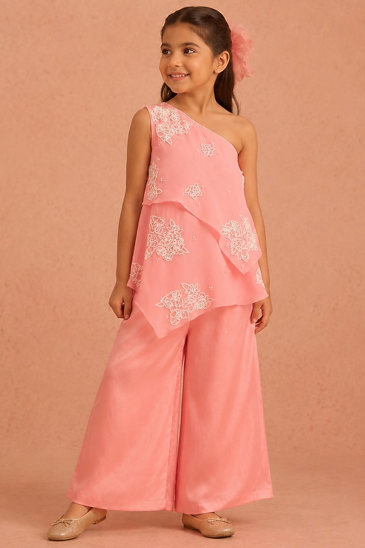 Pink Organza Pearl Embroidered Co-Ord Set For Girls by Tarini Vij Kids at Pernia's Pop Up Shop