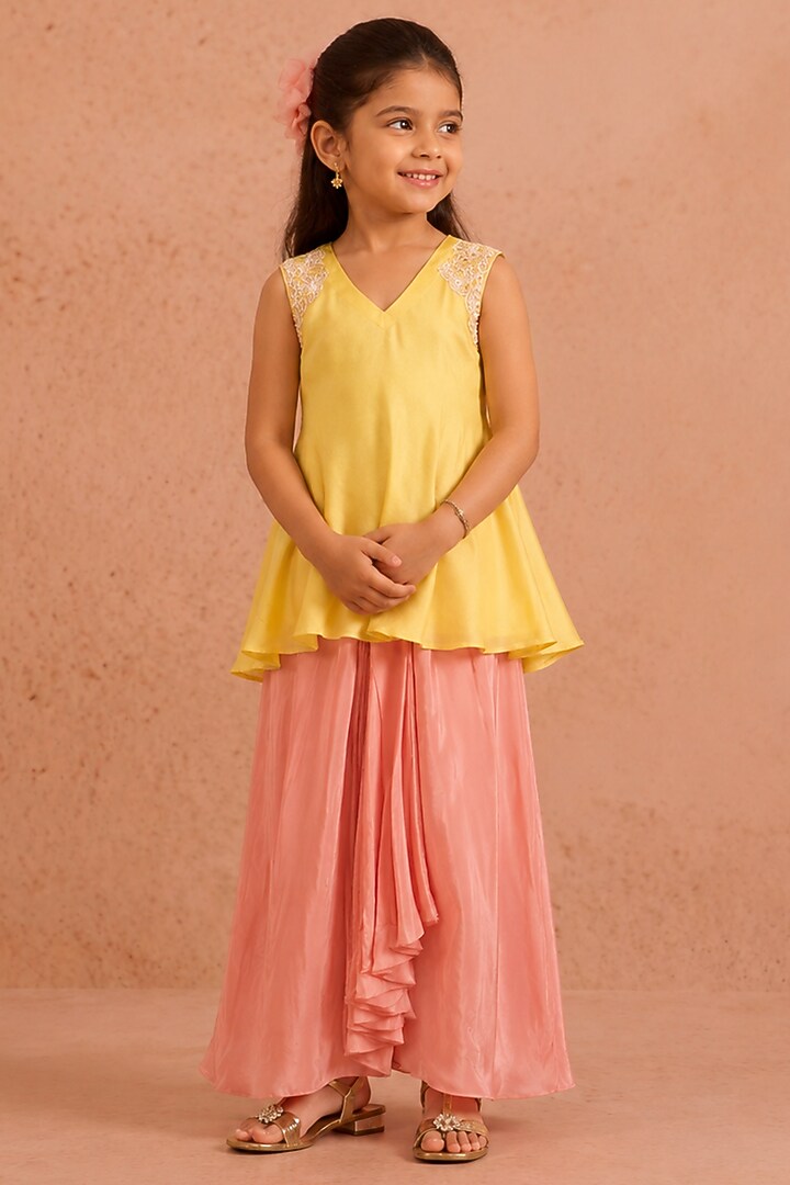 Pink Chanderi Bead & Sequin Embroidered Skirt Set For Girls by Tarini Vij Kids at Pernia's Pop Up Shop
