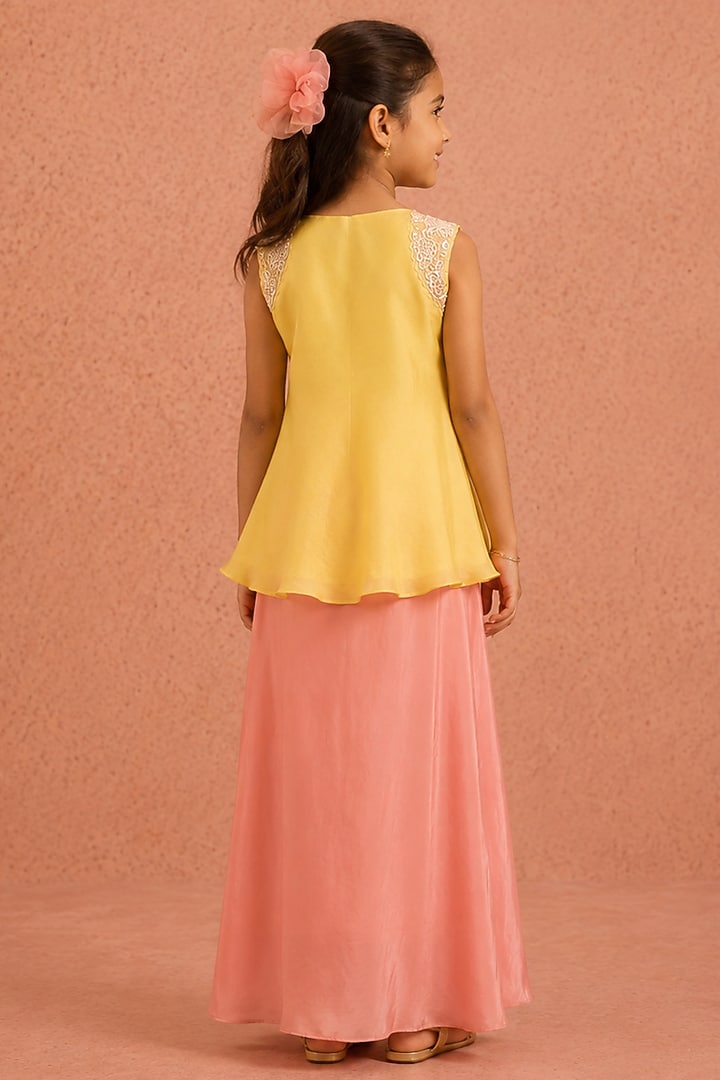Pink Chanderi Bead & Sequin Embroidered Skirt Set For Girls by Tarini Vij Kids at Pernia's Pop Up Shop
