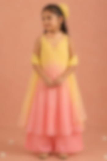 Pink Shimmer Chiffon Floral Embroidered Ombre Kurta Set For Girls by Tarini Vij Kids at Pernia's Pop Up Shop