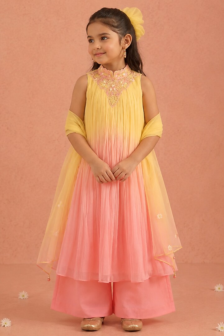 Pink Shimmer Chiffon Floral Embroidered Ombre Kurta Set For Girls by Tarini Vij Kids at Pernia's Pop Up Shop