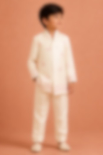 White Silk Chanderi Floral Embroidered Jacket Set For Boys by Tarini Vij Kids at Pernia's Pop Up Shop