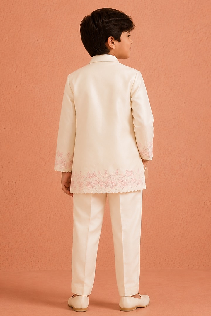 White Silk Chanderi Floral Embroidered Jacket Set For Boys by Tarini Vij Kids at Pernia's Pop Up Shop