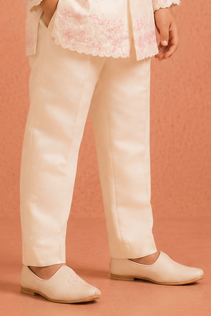 White Silk Chanderi Floral Embroidered Jacket Set For Boys by Tarini Vij Kids at Pernia's Pop Up Shop